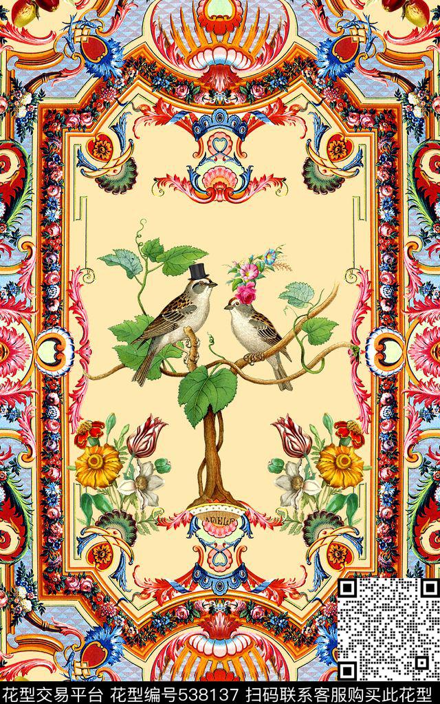 复古花纹鸟数码印花华亿平台下载（图片编号: 538137） - 瓦栏（Walan）