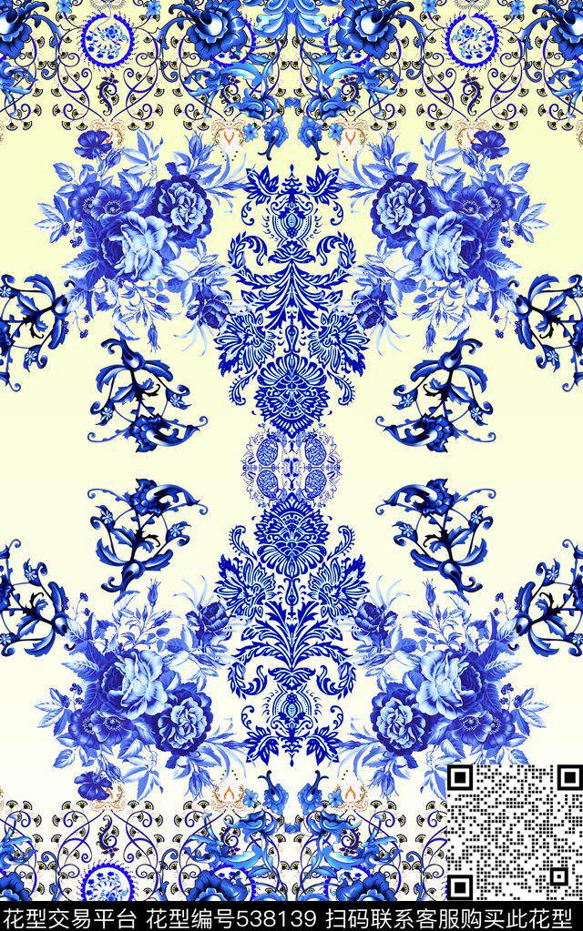 时尚花卉青花瓷数码印花华亿平台下载（图片编号: 538139） - 瓦栏（Walan）