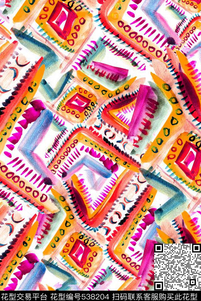 手绘水彩民族数码印花华亿平台下载（图片编号: 538204） - 瓦栏（Walan）