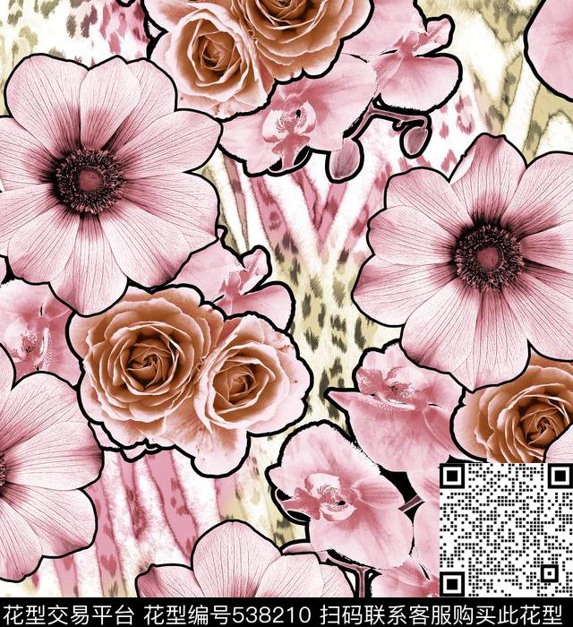 豹纹花朵组合花朵豹纹传统印花华亿平台下载（图片编号: 538210） - 瓦栏（Walan）