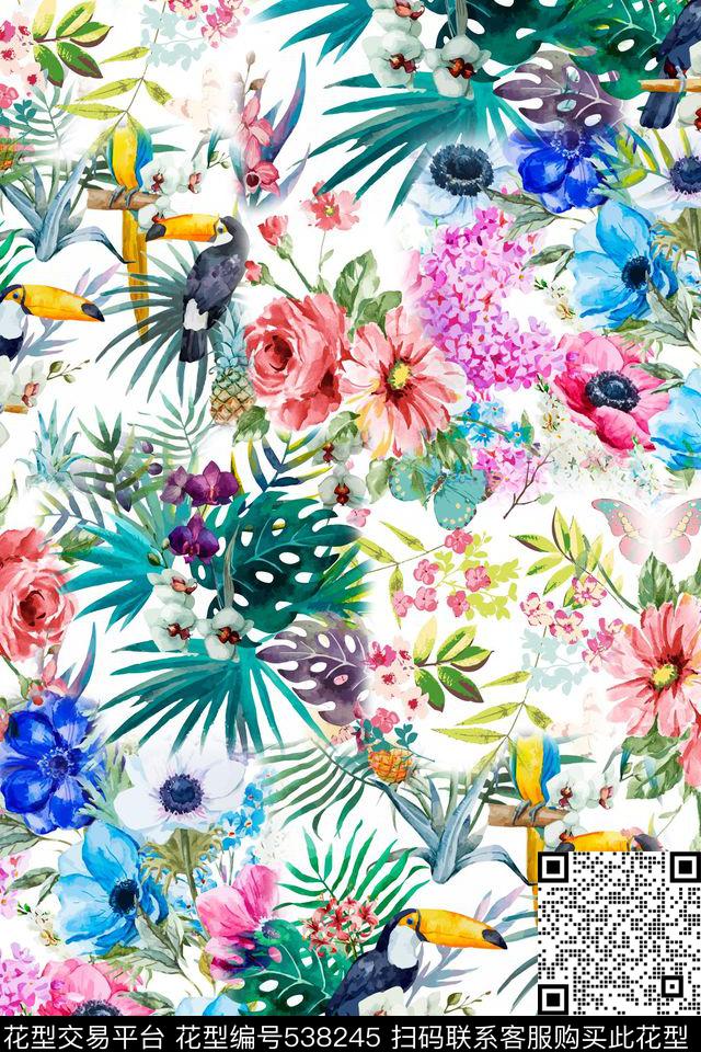 热带花卉棕榈叶子鹦鹉数码印花华亿平台下载（图片编号: 538245） - 瓦栏（Walan）