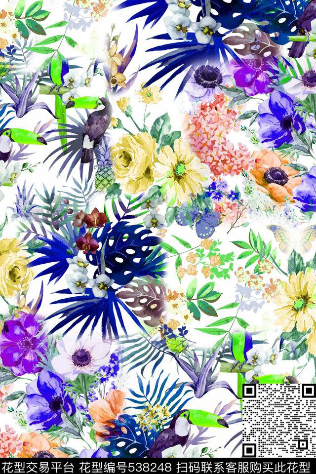 热带花卉棕榈叶子鹦鹉数码印花华亿平台下载（图片编号: 538248） - 瓦栏（Walan）