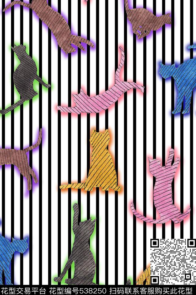流行时尚条纹猫数码印花华亿平台下载（图片编号: 538250） - 瓦栏（Walan）