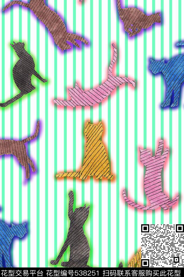 流行时尚条纹猫数码印花华亿平台下载（图片编号: 538251） - 瓦栏（Walan）