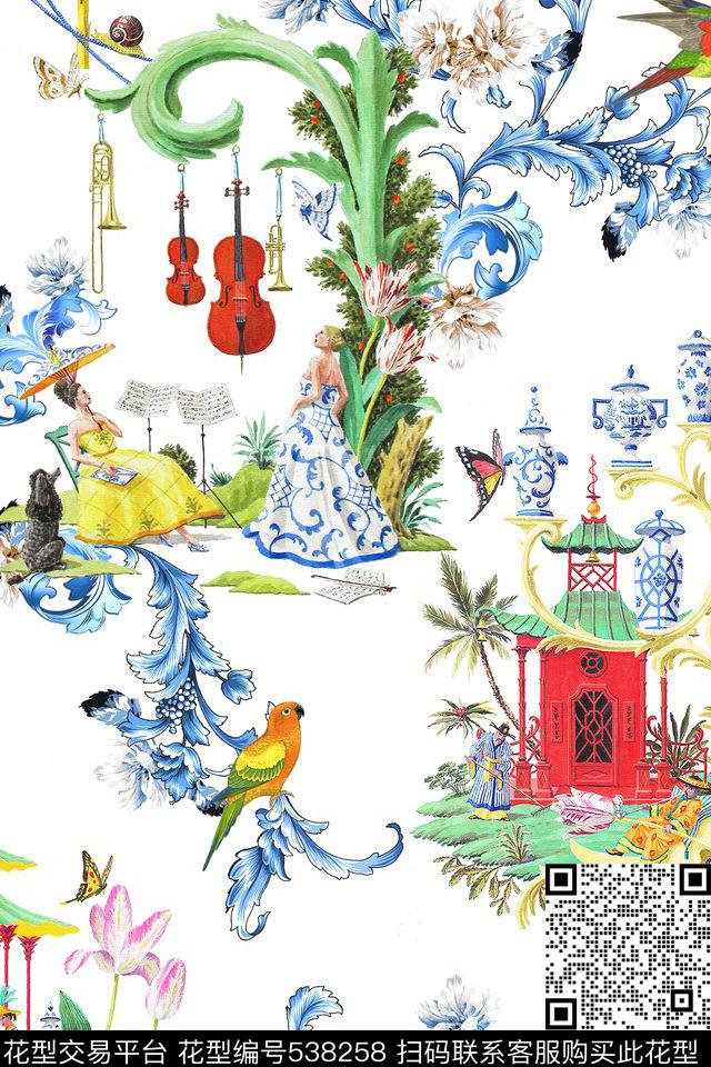 时尚青花瓷风景建筑数码印花华亿平台下载（图片编号: 538258） - 瓦栏（Walan）