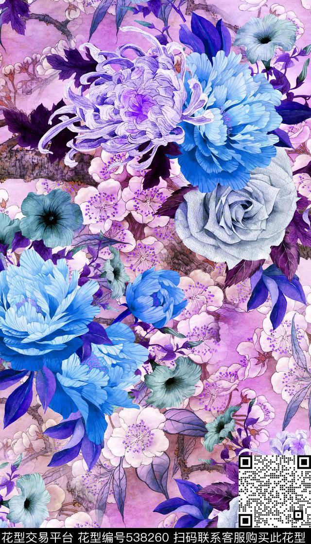 工笔画中国风芍药花数码印花华亿平台下载（图片编号: 538260） - 瓦栏（Walan）