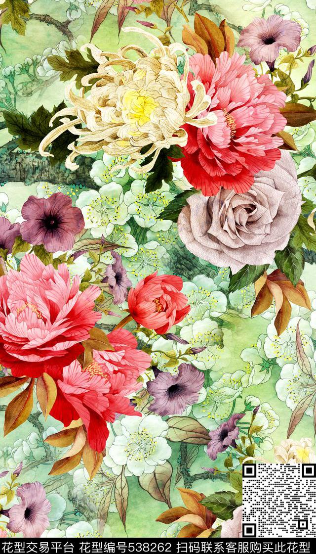 工笔画中国风芍药花数码印花华亿平台下载（图片编号: 538262） - 瓦栏（Walan）