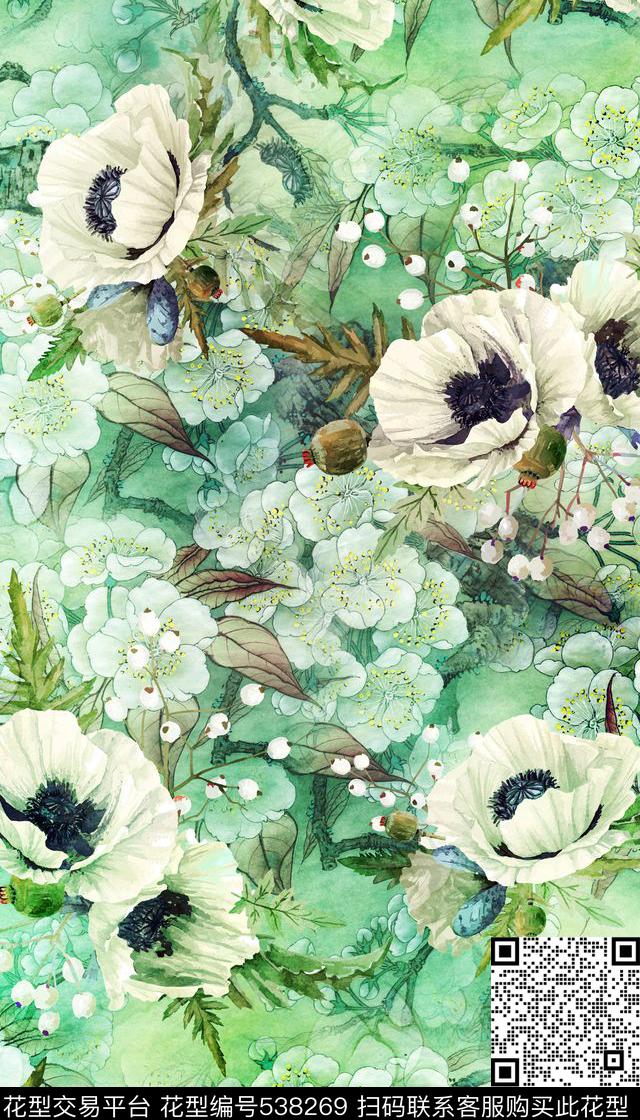 工笔画中国风罂粟数码印花华亿平台下载（图片编号: 538269） - 瓦栏（Walan）