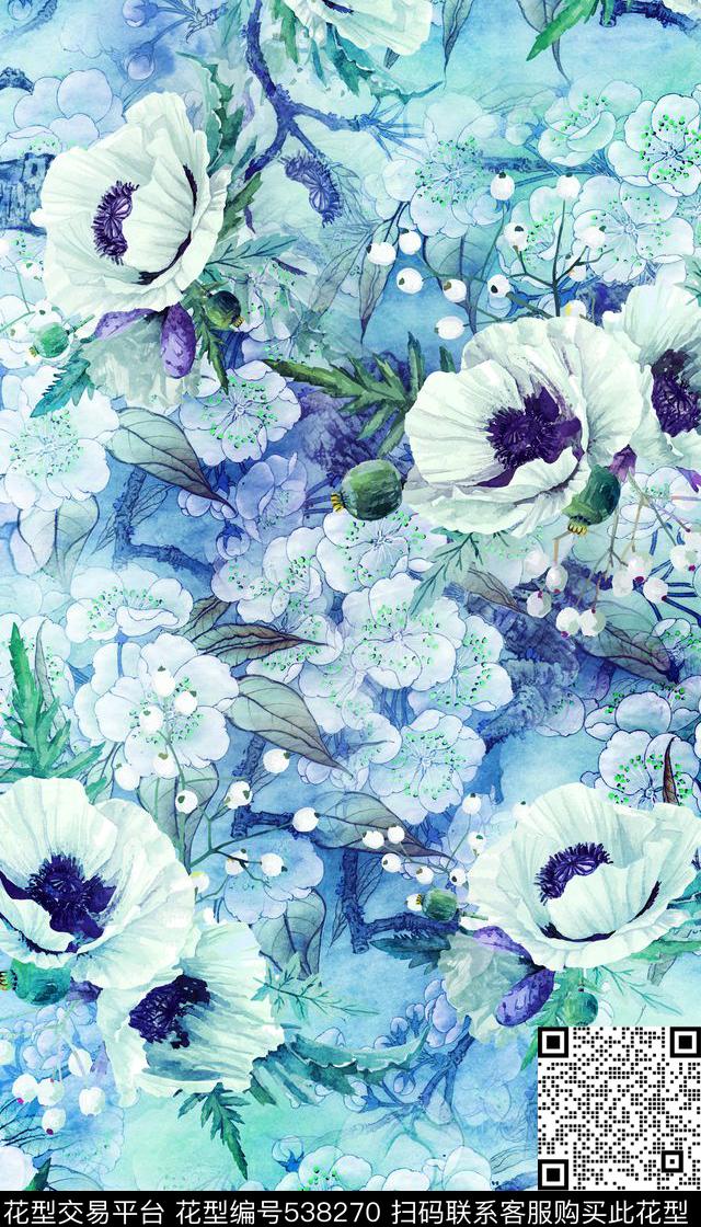 工笔画中国风罂粟数码印花华亿平台下载（图片编号: 538270） - 瓦栏（Walan）