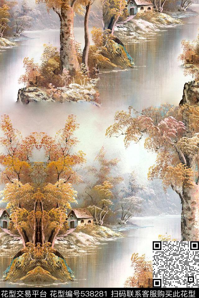 风景潮流时尚大牌手绘油画风景数码印花华亿平台下载（图片编号: 538281） - 瓦栏（Walan）