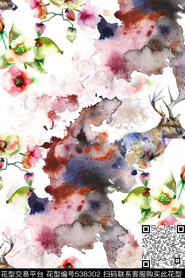 花朵梅花鹿墨迹数码印花华亿平台下载（图片编号: 538302） - 瓦栏（Walan）