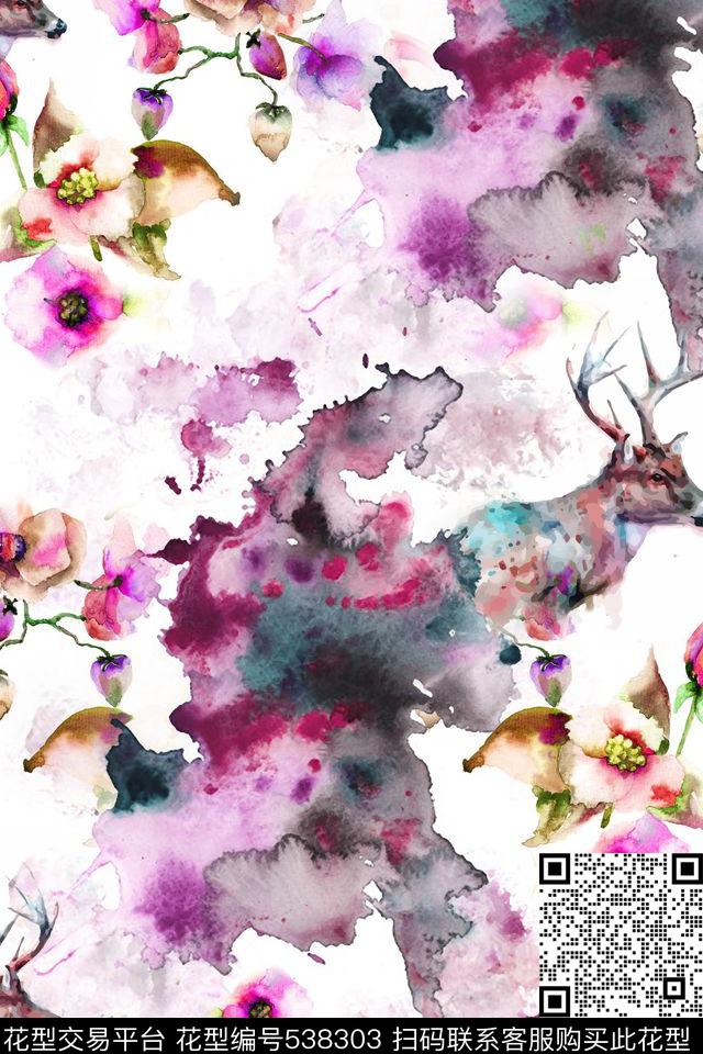水彩画花朵叶子数码印花华亿平台下载（图片编号: 538303） - 瓦栏（Walan）