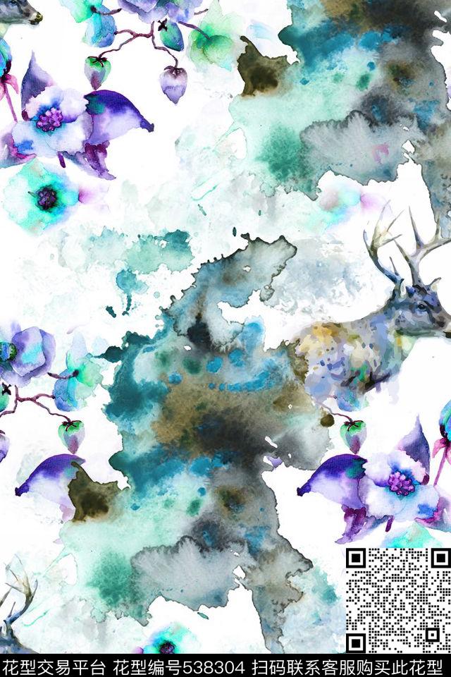 水彩画花朵叶子数码印花华亿平台下载（图片编号: 538304） - 瓦栏（Walan）