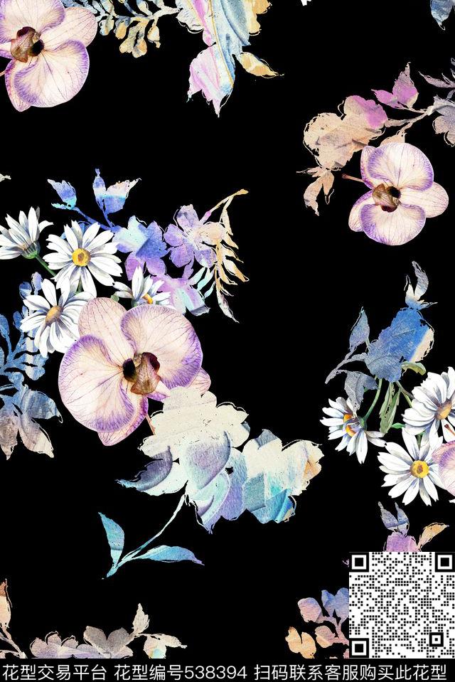 数码时尚手绘花卉数码印花华亿平台下载（图片编号: 538394） - 瓦栏（Walan）