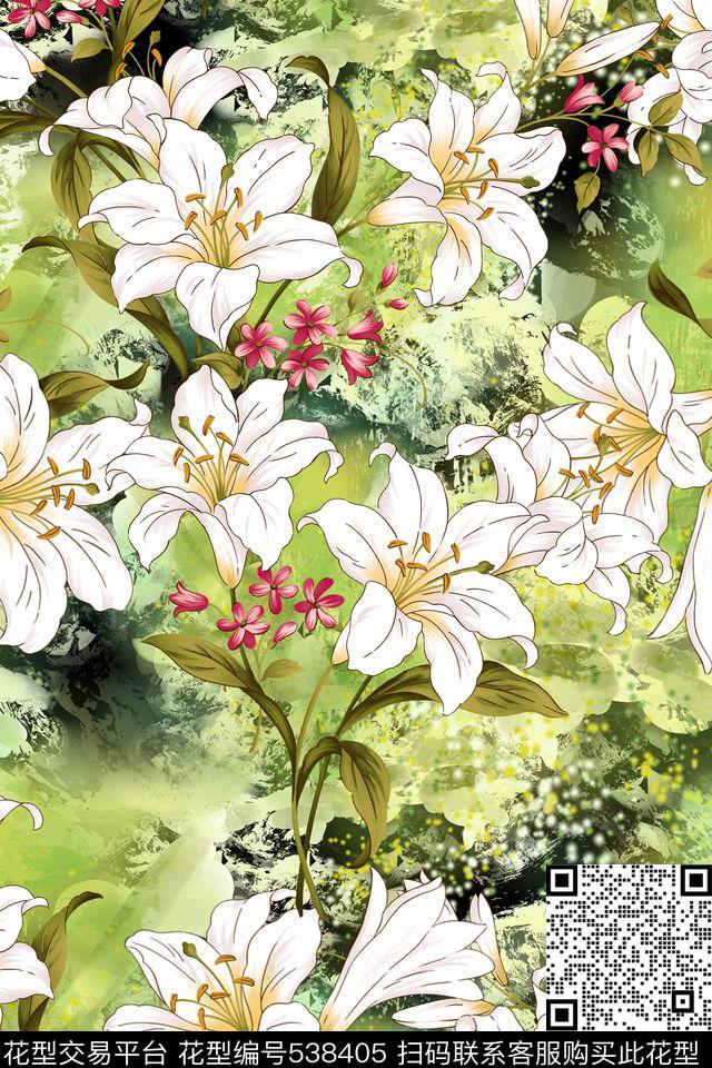 欧款手绘百合数码印花华亿平台下载（图片编号: 538405） - 瓦栏（Walan）