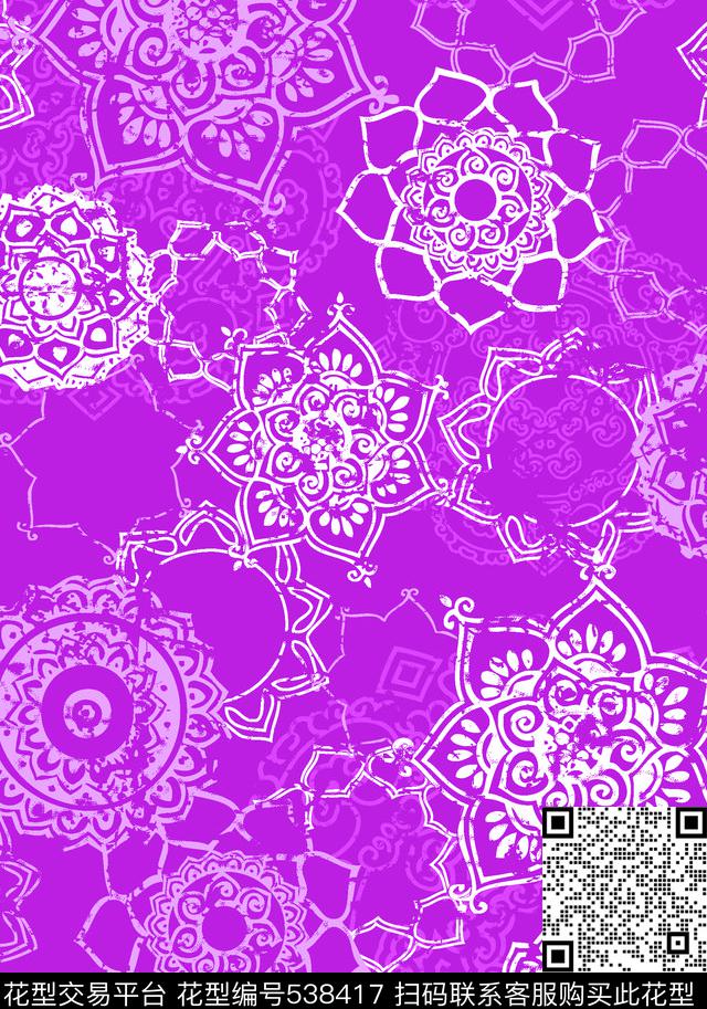 抽象花几何传统印花华亿平台下载（图片编号: 538417） - 瓦栏（Walan）