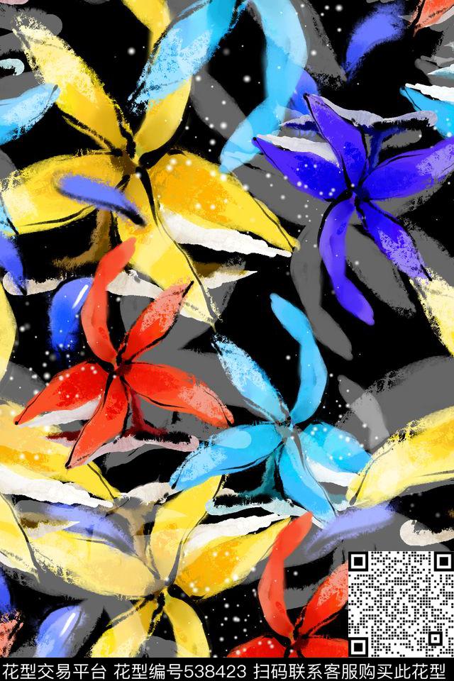 欧款手绘花朵数码印花华亿平台下载（图片编号: 538423） - 瓦栏（Walan）