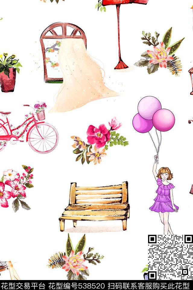 韩国水彩抽象窗户自行车座椅气球路灯手绘时尚人物花卉街景H【抽象】数码印花华亿平台下载（图片编号: 538520） - 瓦栏（Walan）