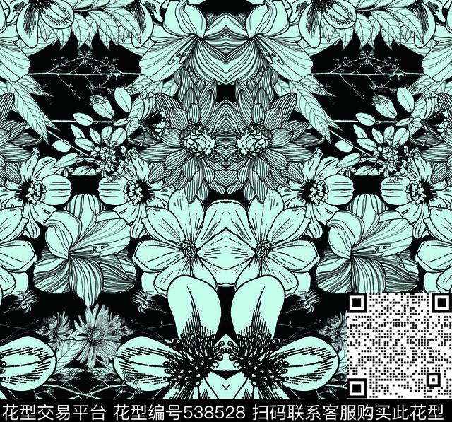 黑线花朵黑白手绘花流行华亿平台传统印花华亿平台下载（图片编号: 538528） - 瓦栏（Walan）