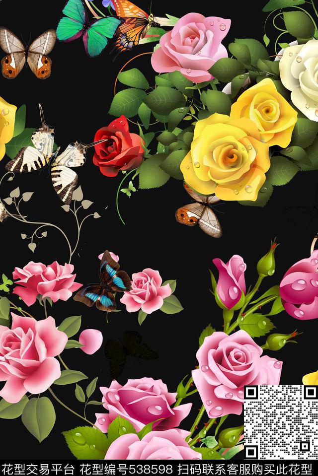 传统花卉花卉蝴蝶玫瑰时尚数码印花华亿平台下载（图片编号: 538598） - 瓦栏（Walan）
