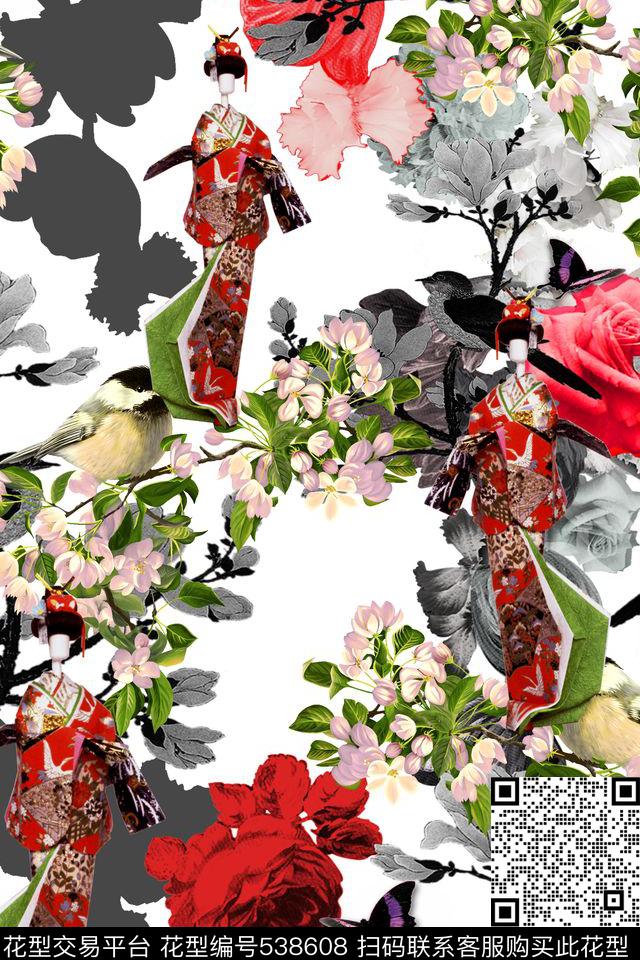 中国风水墨写意和风艺妓花鸟水墨元素红色花卉女士休闲装面料数码印花华亿平台下载（图片编号: 538608） - 瓦栏（Walan）