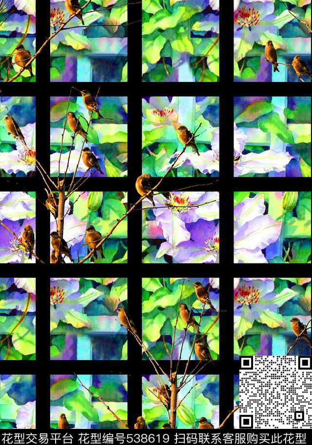 鸟儿手绘树枝数码印花华亿平台下载（图片编号: 538619） - 瓦栏（Walan）