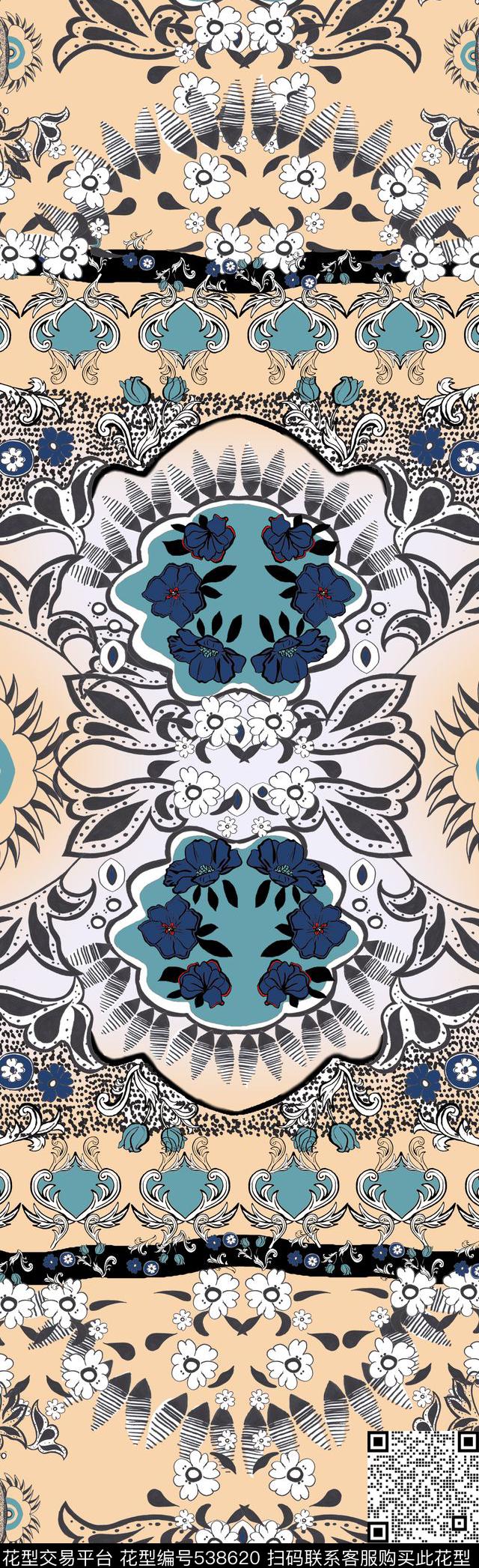 传统纹样眼睛纹长丝巾传统印花华亿平台下载（图片编号: 538620） - 瓦栏（Walan）