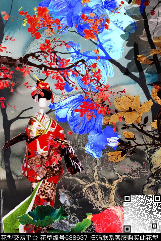 水墨写意日本艺妓水墨背景抽象花卉水墨花卉梅花荷叶精美和风定位图案装饰图案数码印花华亿平台下载（图片编号: 538637） - 瓦栏（Walan）