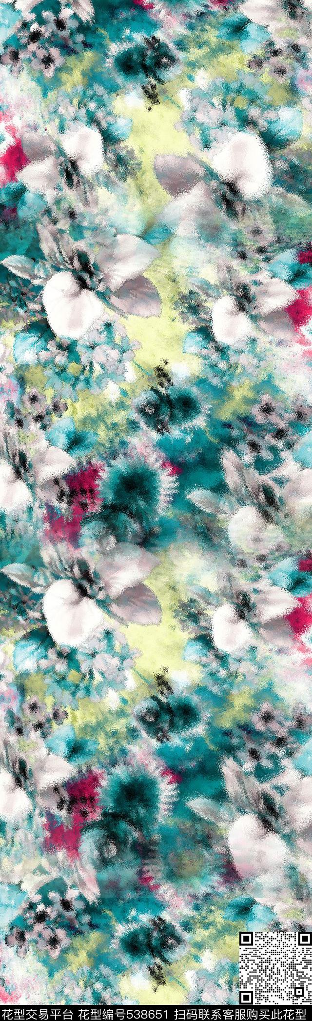 抽象花卉长丝巾数码印花华亿平台下载（图片编号: 538651） - 瓦栏（Walan）