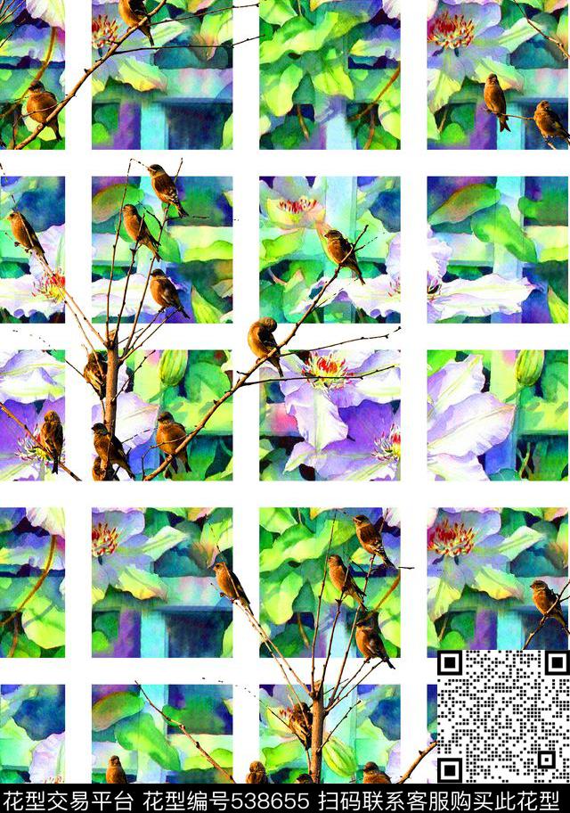 鸟儿手绘树枝数码印花华亿平台下载（图片编号: 538655） - 瓦栏（Walan）