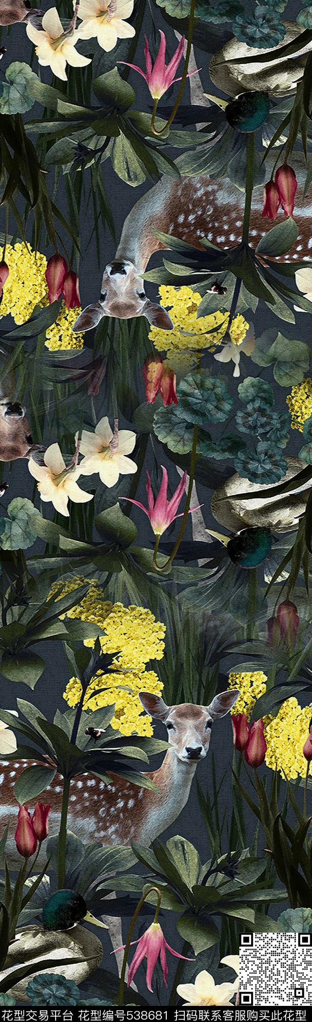 热带丛林小鹿树叶数码印花华亿平台下载（图片编号: 538681） - 瓦栏（Walan）