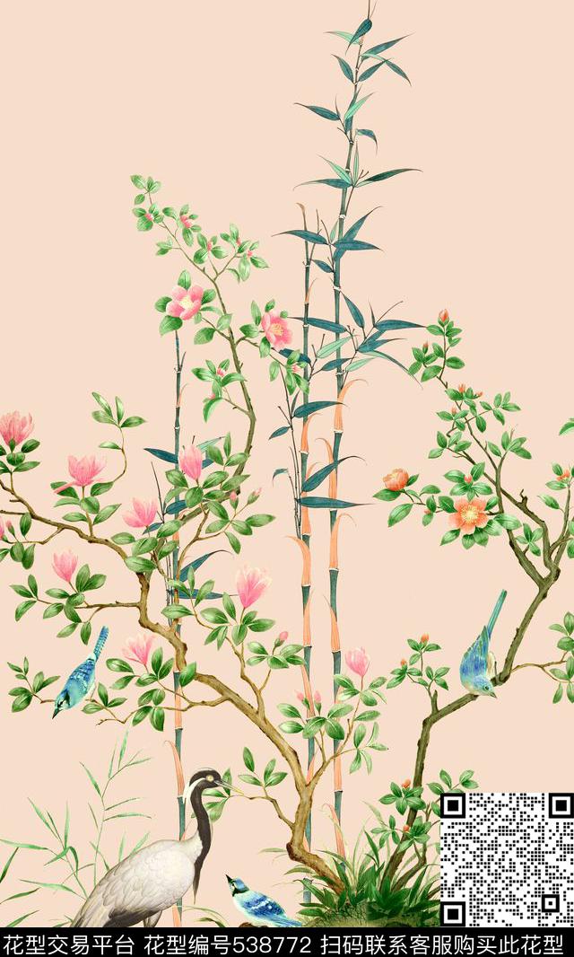 中国风竹子仙鹤数码印花华亿平台下载（图片编号: 538772） - 瓦栏（Walan）