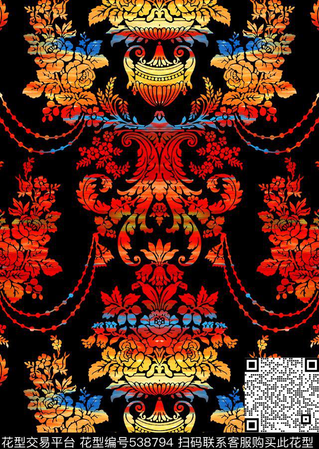 欧式藤蔓炫彩效果数码印花华亿平台下载（图片编号: 538794） - 瓦栏（Walan）