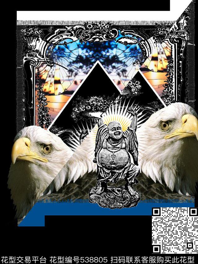 老鹰弥勒佛像拼接错位数码印花华亿平台下载（图片编号: 538805） - 瓦栏（Walan）