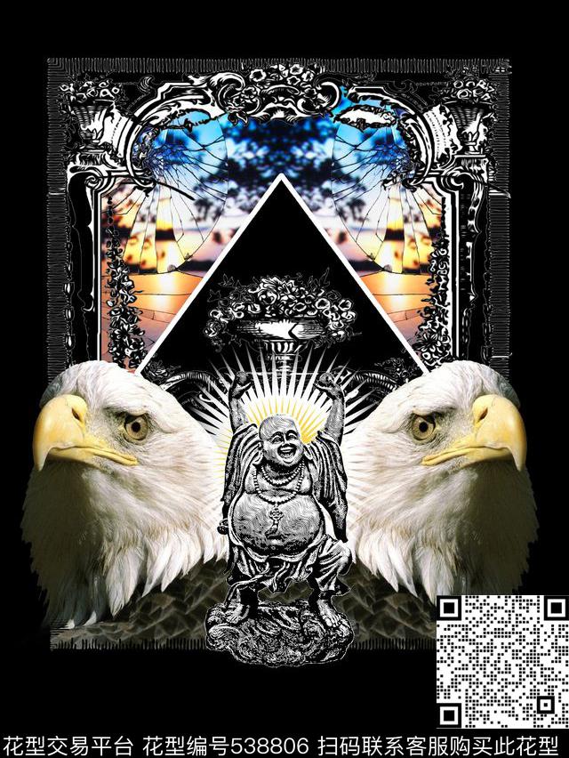 老鹰弥勒佛像拼接错位数码印花华亿平台下载（图片编号: 538806） - 瓦栏（Walan）