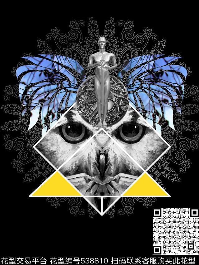 抽象蓝色翅膀猫头鹰数码印花华亿平台下载（图片编号: 538810） - 瓦栏（Walan）
