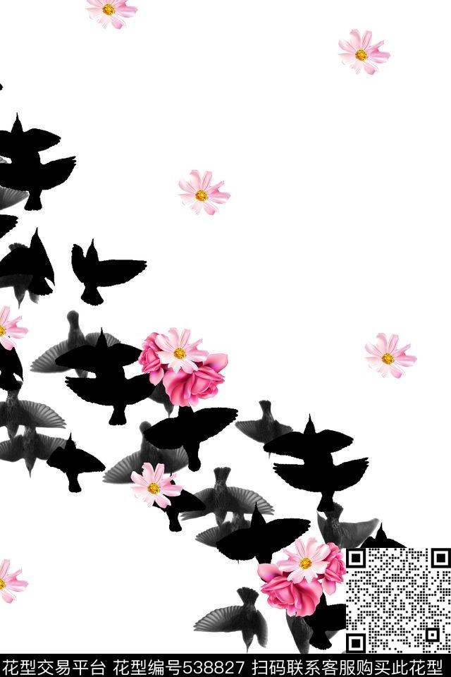 抽象飞鸟花卉数码印花华亿平台下载（图片编号: 538827） - 瓦栏（Walan）