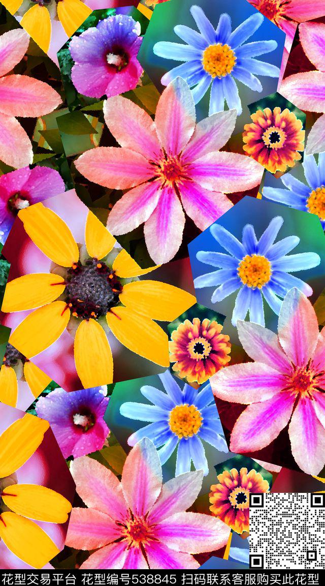 花卉拼接艺术效果、花卉、几何、拼接绚丽花园数码印花华亿平台下载（图片编号: 538845） - 瓦栏（Walan）