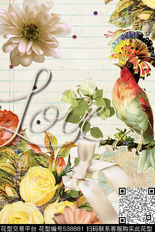 小清新复古笔记本油画花卉油画鸟树叶精美T恤定位图案数码印花华亿平台下载（图片编号: 538881） - 瓦栏（Walan）