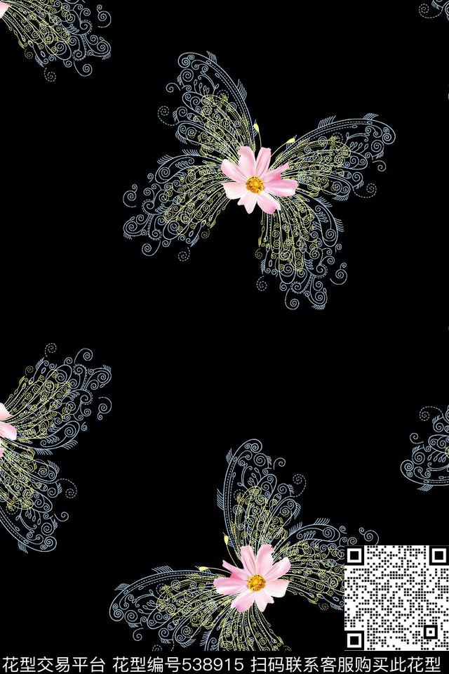 抽象蝴蝶小花朵传统印花华亿平台下载（图片编号: 538915） - 瓦栏（Walan）