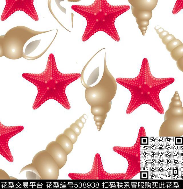 热带海洋风海星田螺数码印花华亿平台下载（图片编号: 538938） - 瓦栏（Walan）