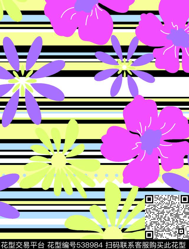 手绘女装横条花卉图传统印花华亿平台下载（图片编号: 538984） - 瓦栏（Walan）