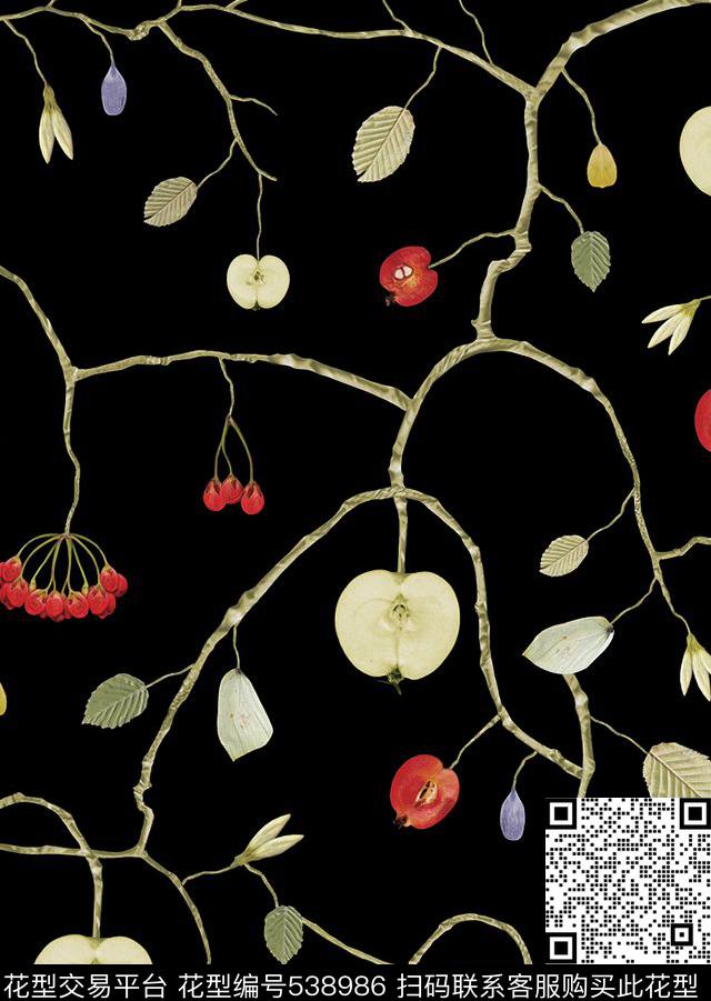 纯色底叶脉果实数码印花华亿平台下载（图片编号: 538986） - 瓦栏（Walan）