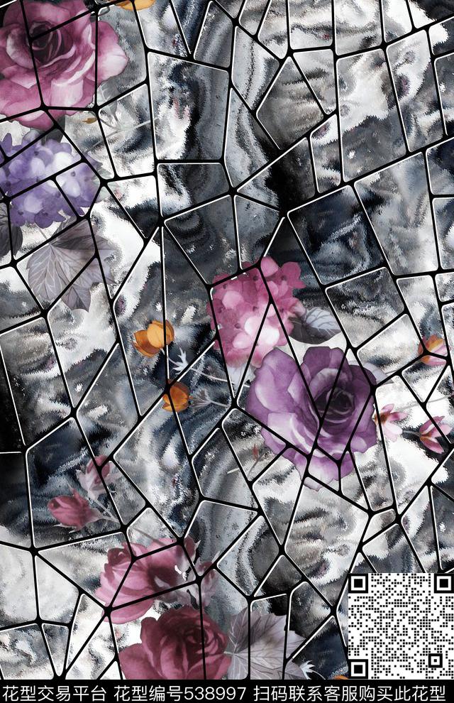 黑线条花卉矿石纹数码印花华亿平台下载（图片编号: 538997） - 瓦栏（Walan）