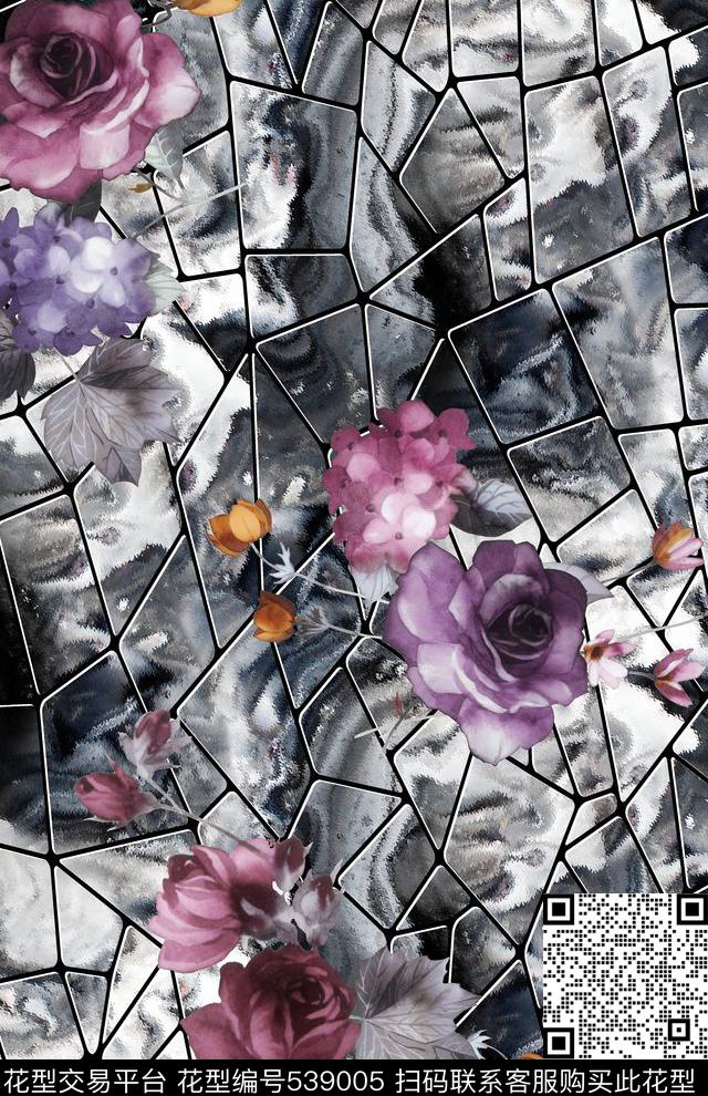 黑线条花卉矿石纹数码印花华亿平台下载（图片编号: 539005） - 瓦栏（Walan）
