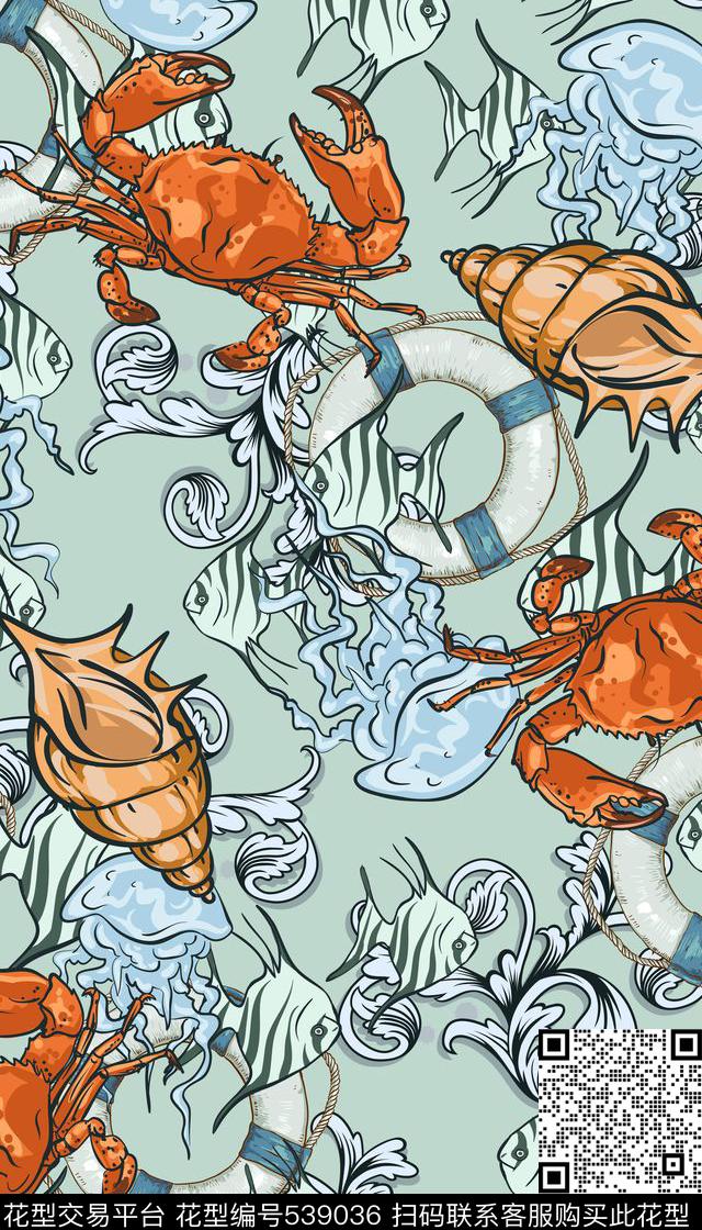 欧式花纹螃蟹清爽海洋风传统印花华亿平台下载（图片编号: 539036） - 瓦栏（Walan）