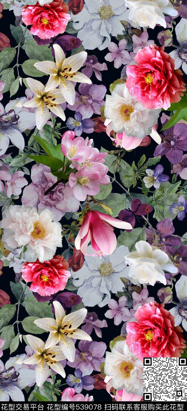 白色花瓣花卉叶子数码印花华亿平台下载（图片编号: 539078） - 瓦栏（Walan）