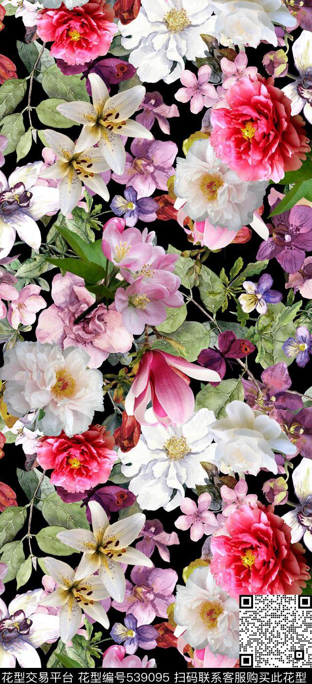 白色花瓣花卉叶子数码印花华亿平台下载（图片编号: 539095） - 瓦栏（Walan）