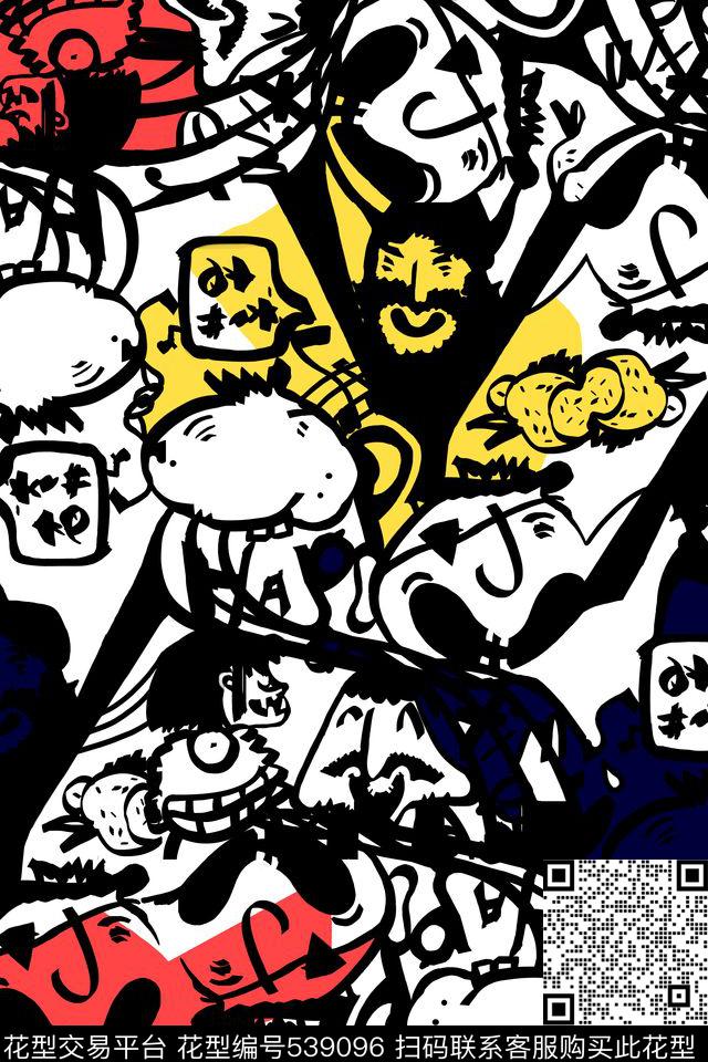 抽象卡通色块服装面料华亿平台休闲时尚抽象炫彩欧美卡通线条传统印花华亿平台下载（图片编号: 539096） - 瓦栏（Walan）