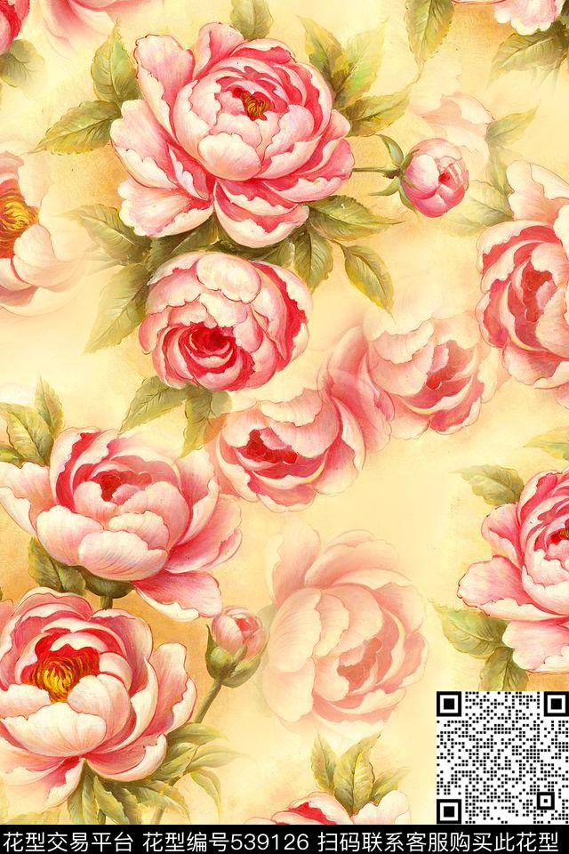 油画花卉茶花数码印花华亿平台下载（图片编号: 539126） - 瓦栏（Walan）